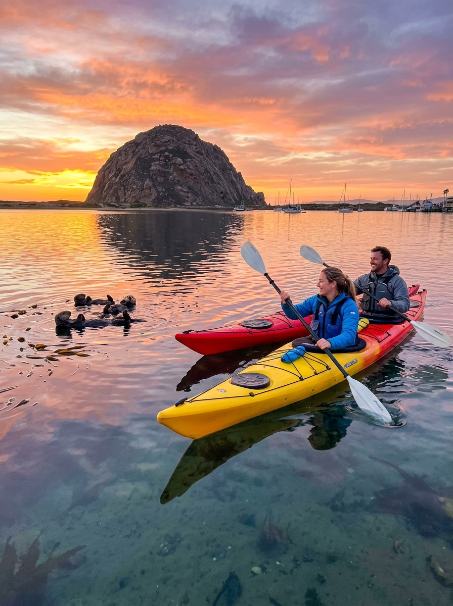 Kayakers paddling the sheltered Morro Bay estuary near the floating dock at Bayside Landing & Suites