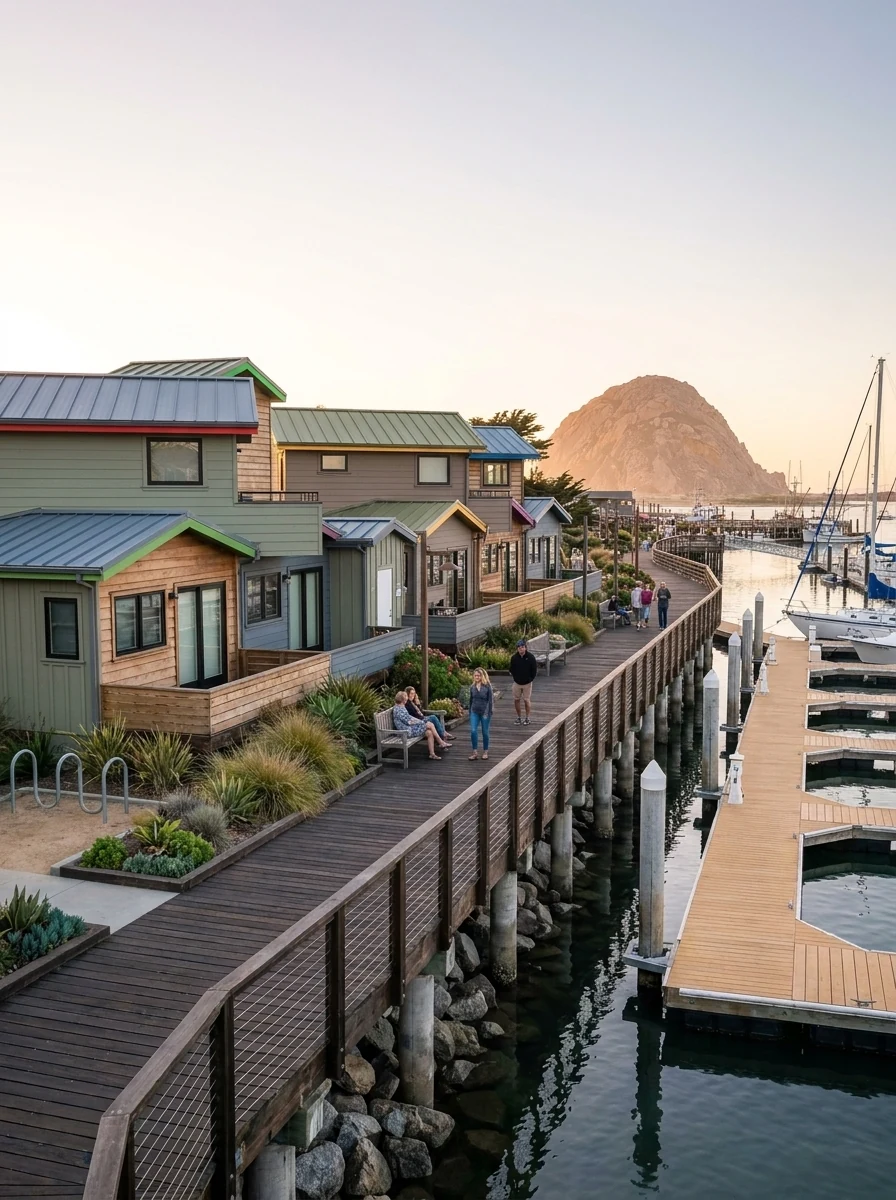 The public harborwalk at Bayside Landing & Suites, a timber boardwalk over the water running past the guest cottages toward Morro Rock