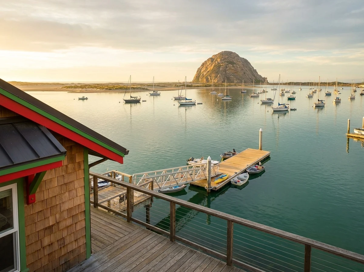 The view across Morro Bay to Morro Rock from a guest deck at Bayside Landing & Suites, with the moored sailboat fleet on the bay and the hotel's floating dock below