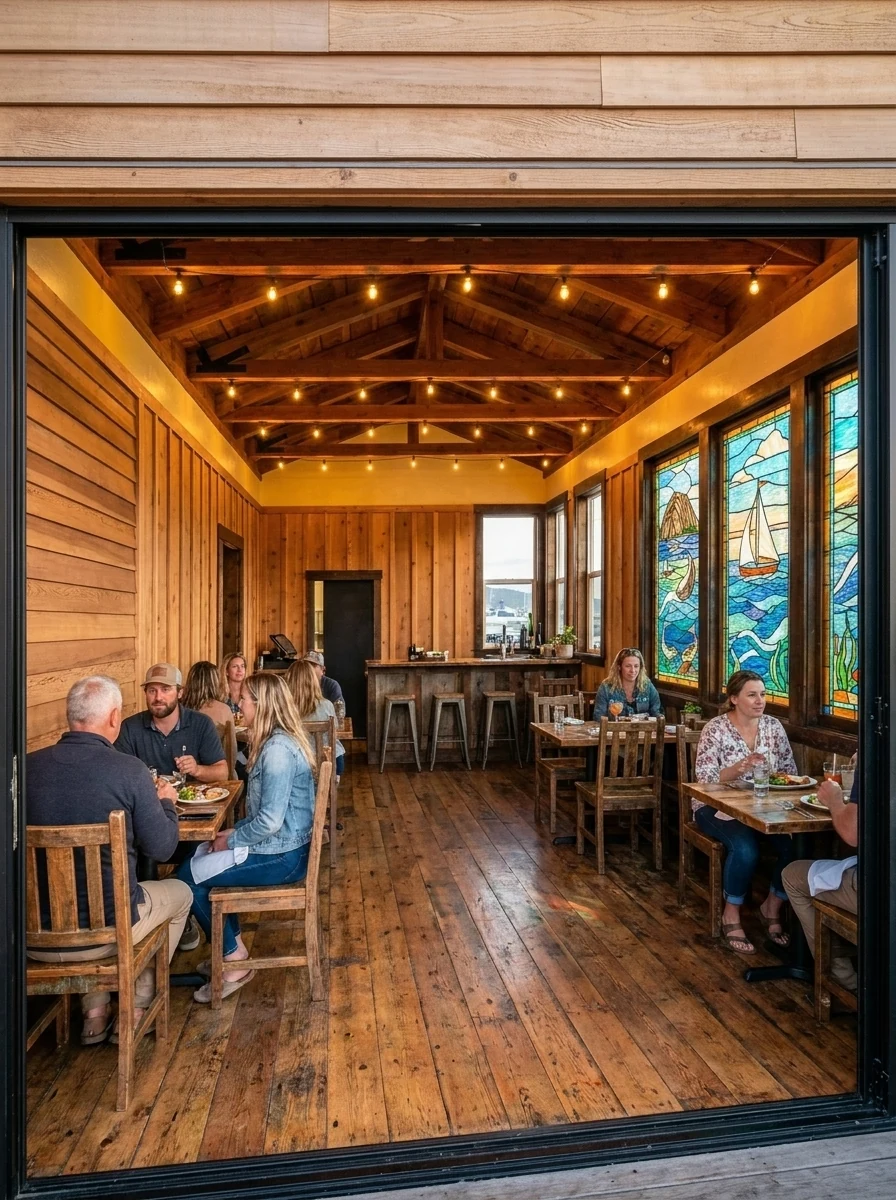 Reggie's Place restaurant at Bayside Landing & Suites — a cedar-lined dining room with stained glass opening onto the Morro Bay waterfront